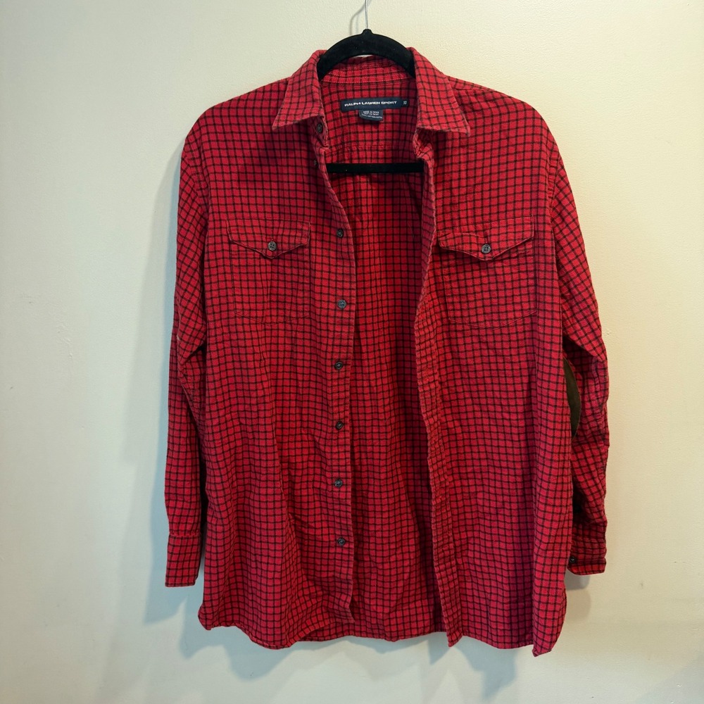 Ralph Lauren Sport Red Black Check Button Down Shirt Elbow Patches‎ Womens 10